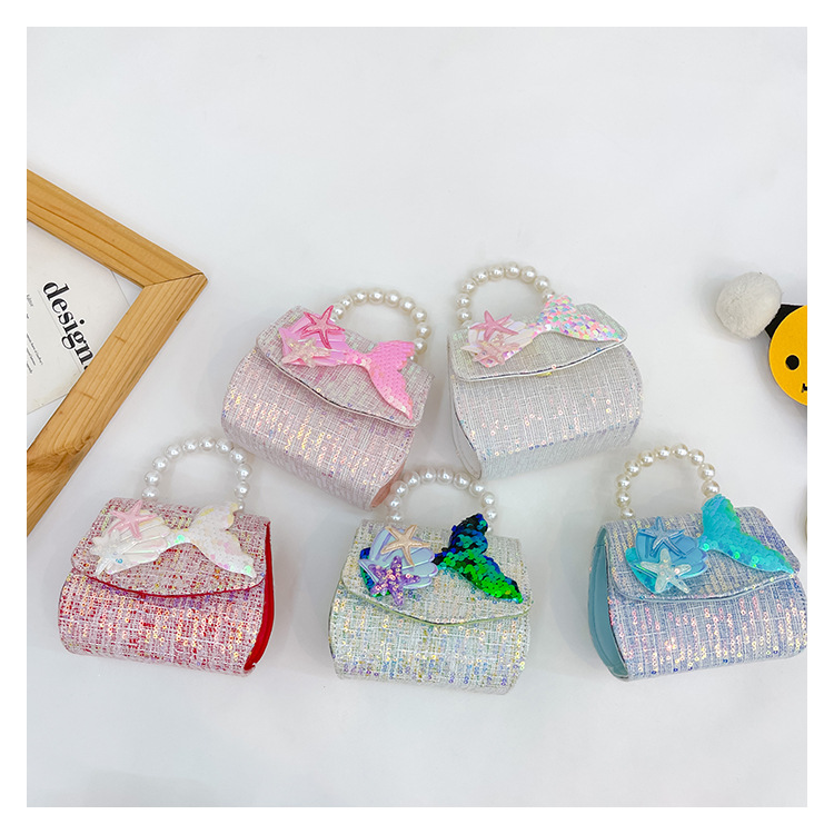 Girl's Small Cotton Shell Fish Tail Cute Sequins Pearls Square Flip Cover Crossbody Bag display picture 3