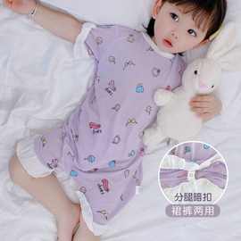 女孩睡裙公主风睡袍女童空调服夏季薄款春秋款儿童短袖连体睡衣棉