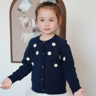 Cross-Border European and American Round Neck Handmade Car Flower Children's Knitted Cardigan Spring and Autumn Small and Medium Children's Sweater Jacket Drop Shipping