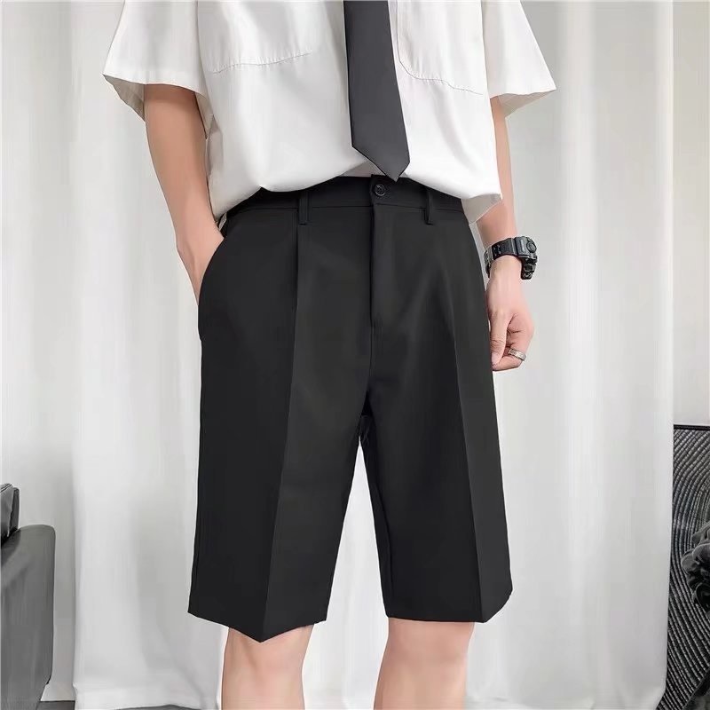 メンズサマースーツショーツ、ストレートレッグ、ルーズ、韓国風、カジュアル、軽熟、ビジネスミッドパンツ、スリムフィット、5点パンツ、トレンド|undefined