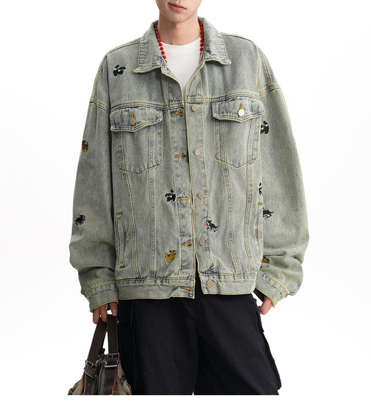 Giacca in denim con ricamo vintage a tema cartone animato - Cappotto oversize da streetwear per uomo e donna (S-2XL)_voghion.com