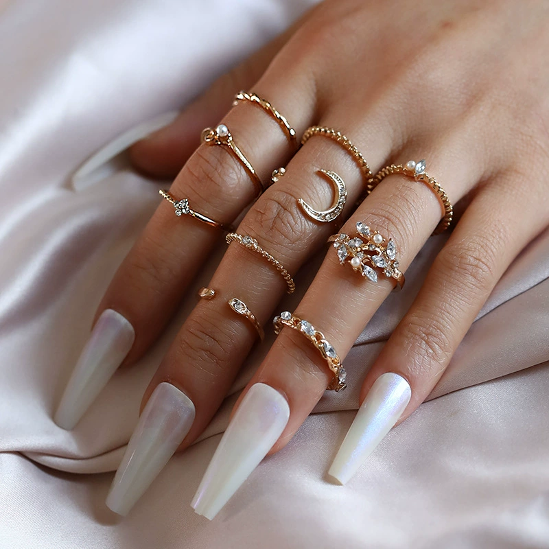 10-Piece Moon & Star Rhinestone Ring Set, Gold-Plated Adjustable Stackable Rings