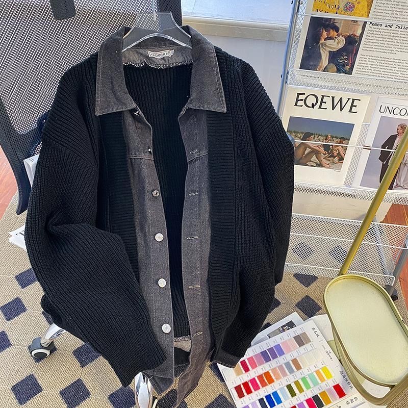 Hong Kong Style Fake Two-Piece Denim Splicing Jacket Men's Winter Japanese Style Lazy Style Jacket Retro Loose New Sweater Trend