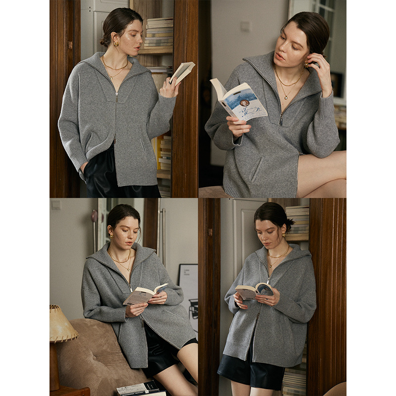 Sinan doble cremallera perezoso moda gran perfil suelto solapa de punto suéter cardigan SN4084