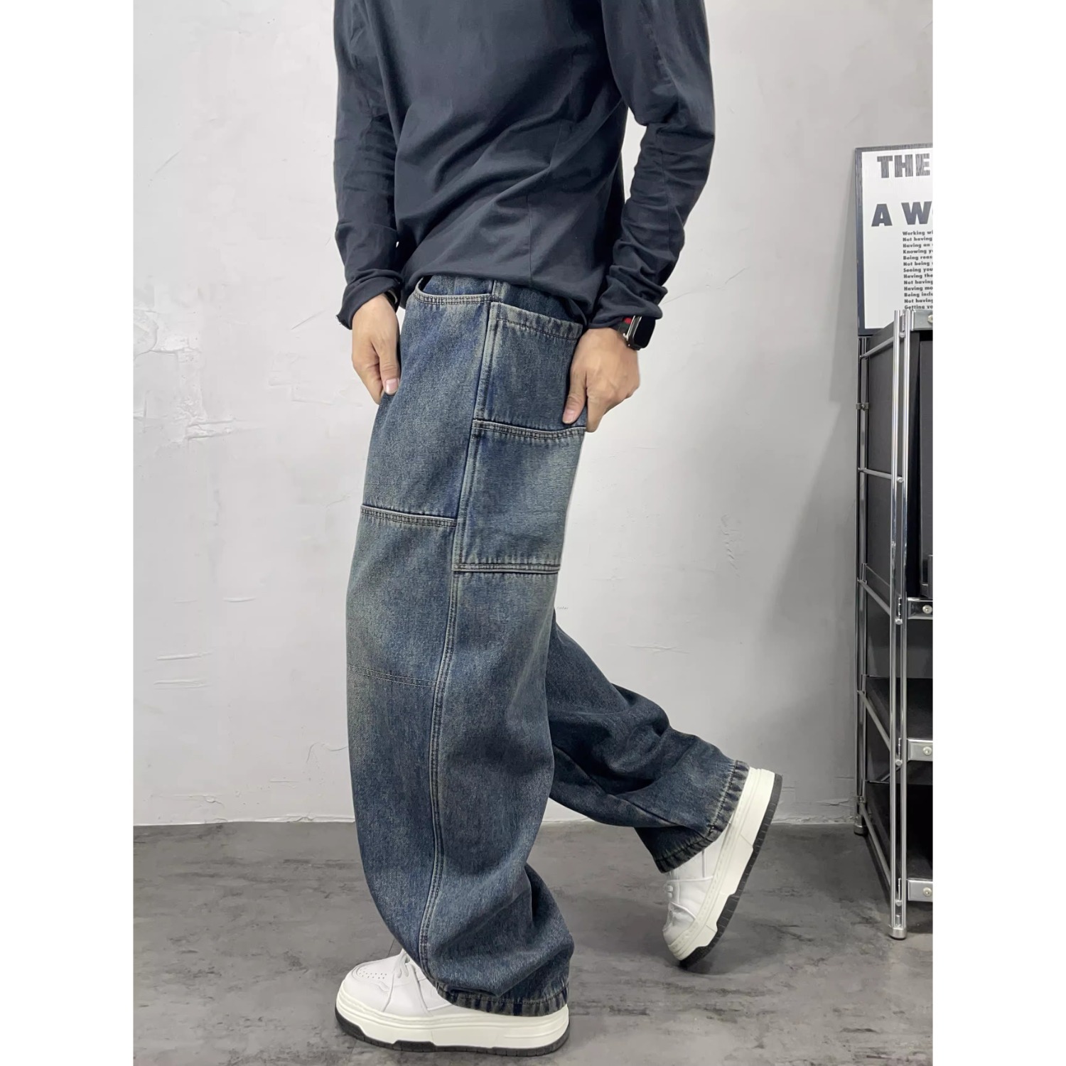 Men's High-Waisted Color-Block Jeans Blue & Black Loose Wide-Leg Straight Pants Hip Hop Style European American Trendy Brand_mkmklike.com