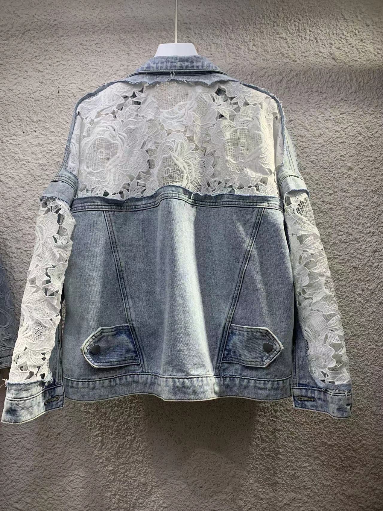 Sheer Embroidered Denim Jacket – Oversized Cropped Style With Lace Trim & UV Protection (S-XL, Light Wash, Casual-Chic Layering Essential)_mkmklike.com