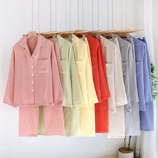 四季情侣睡衣纯棉绉布家居服双层水洗纱布薄款家居服大码休闲套装