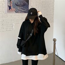春季新款卫衣女潮ins连帽学生韩版宽松慵懒风拼接外套假两件上衣
