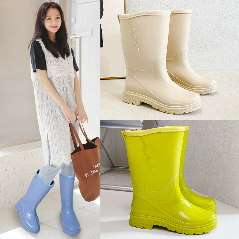 Трансграничные модные резиновые сапоги до середины икры, женская верхняя одежда, толстая подошва, нескользящая износостойкая водостойкая обувь, кухонная Автомойка, непромокаемые резиновые сапоги, однотонные