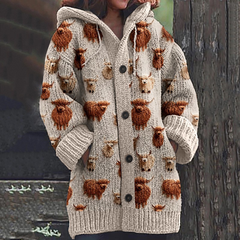 2025秋冬新款女式开衫长袖V领毛衣3D印花连帽外套宽松时尚