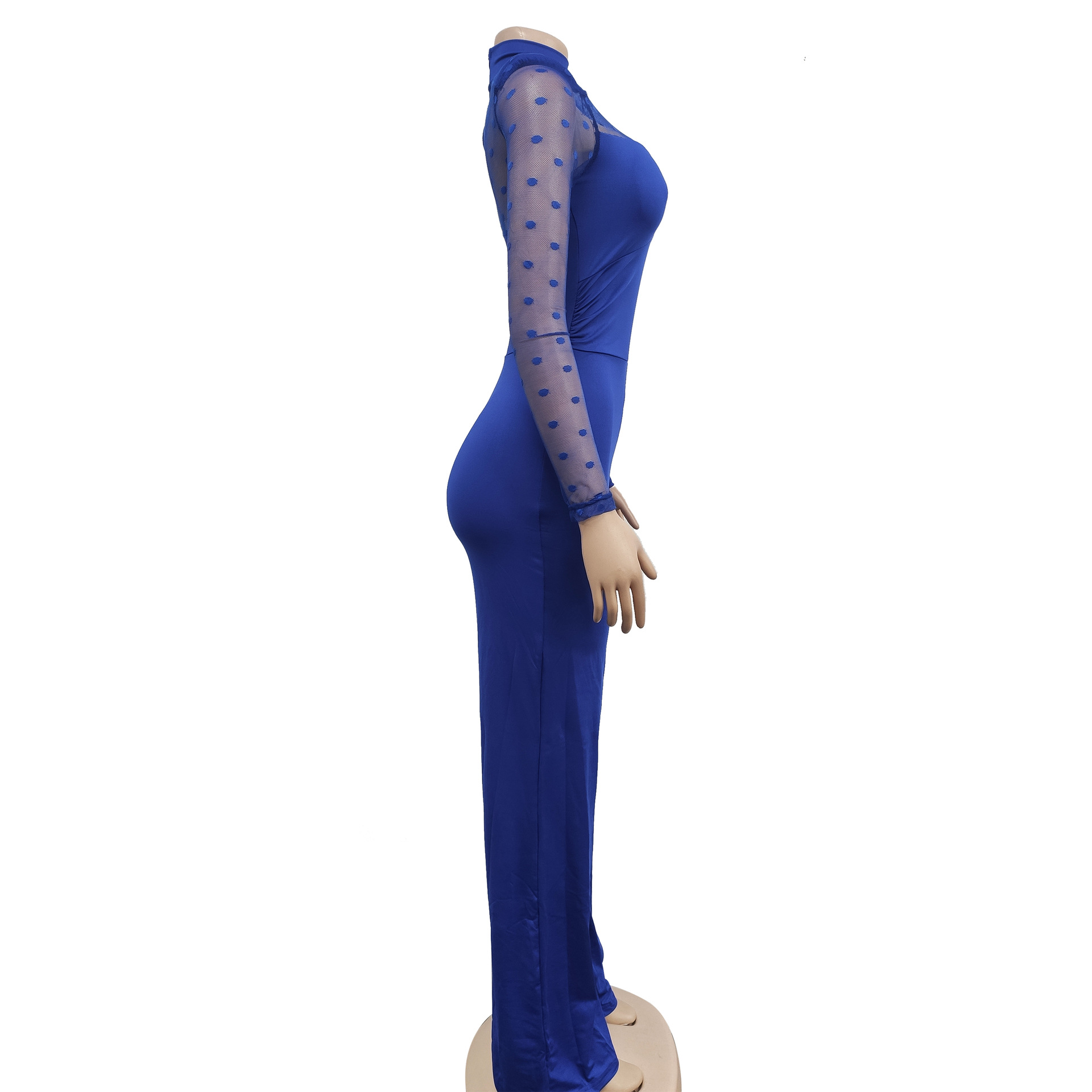 Women's Clothing fashion women's polka dot mesh see-through long-sleeved trousers solid color jumpsuit_voghion.com