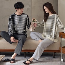 7A抗菌情侣纯棉睡衣女士可外穿新款宽松条纹慵懒风休闲家居服两件