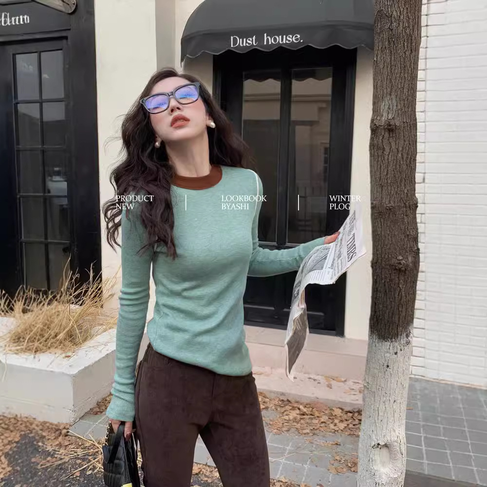 Color-Blocked Wool Base Shirt for Women with a Soft and Slimming Effect, Versatile Basic Pullover with a Round Neck Knit Design