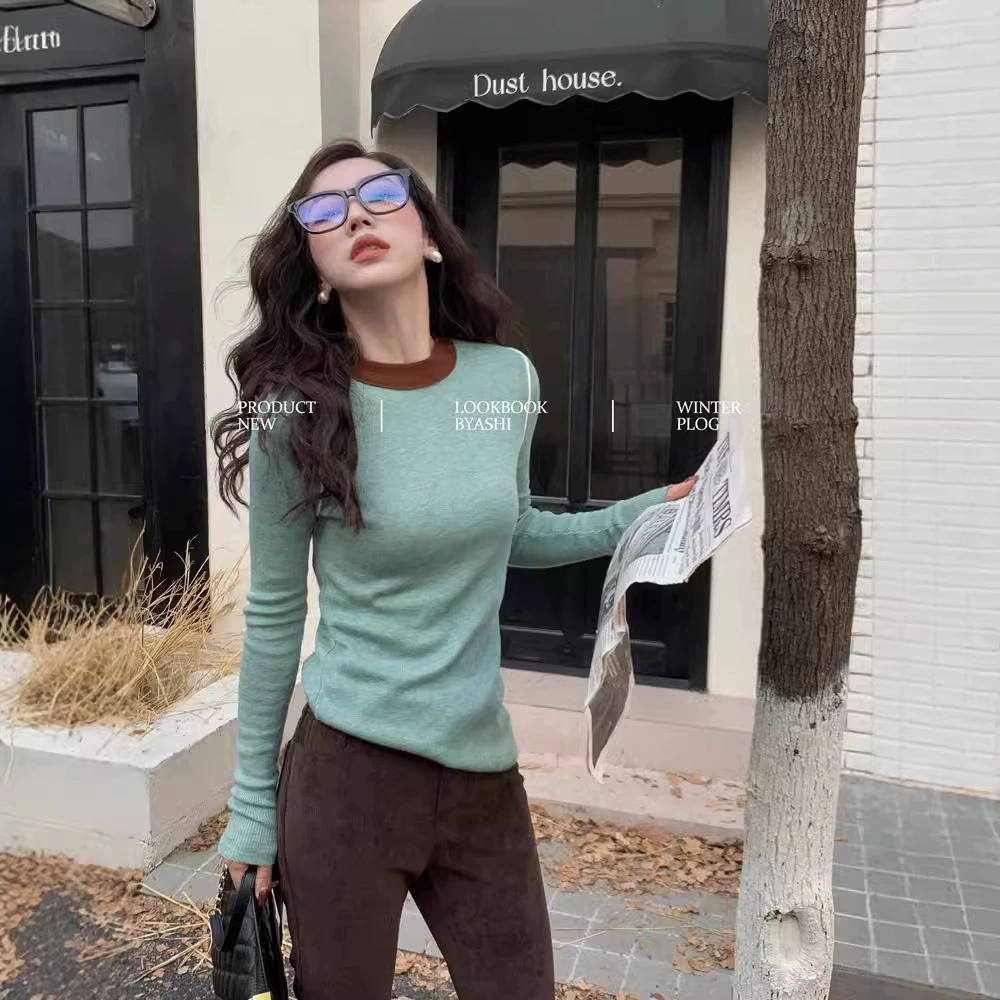 Женская базовая кофта из шерсти с цветовыми блоками, создающая эффект мягкости и стройности, универсальный базовый пуловер с круглым вырезом и трикотажным дизайном.