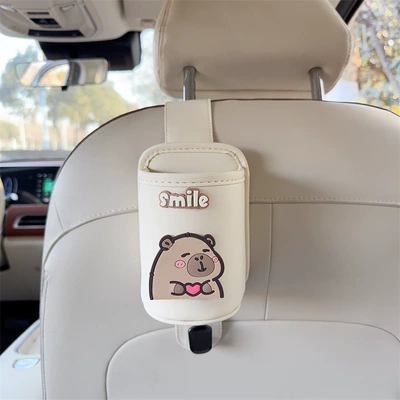 Car cup holder/beverage holder multifunctional car interior organizer, hook - off-white-leather-cup-holder-with-hook-new-heart-holding-capybara-design