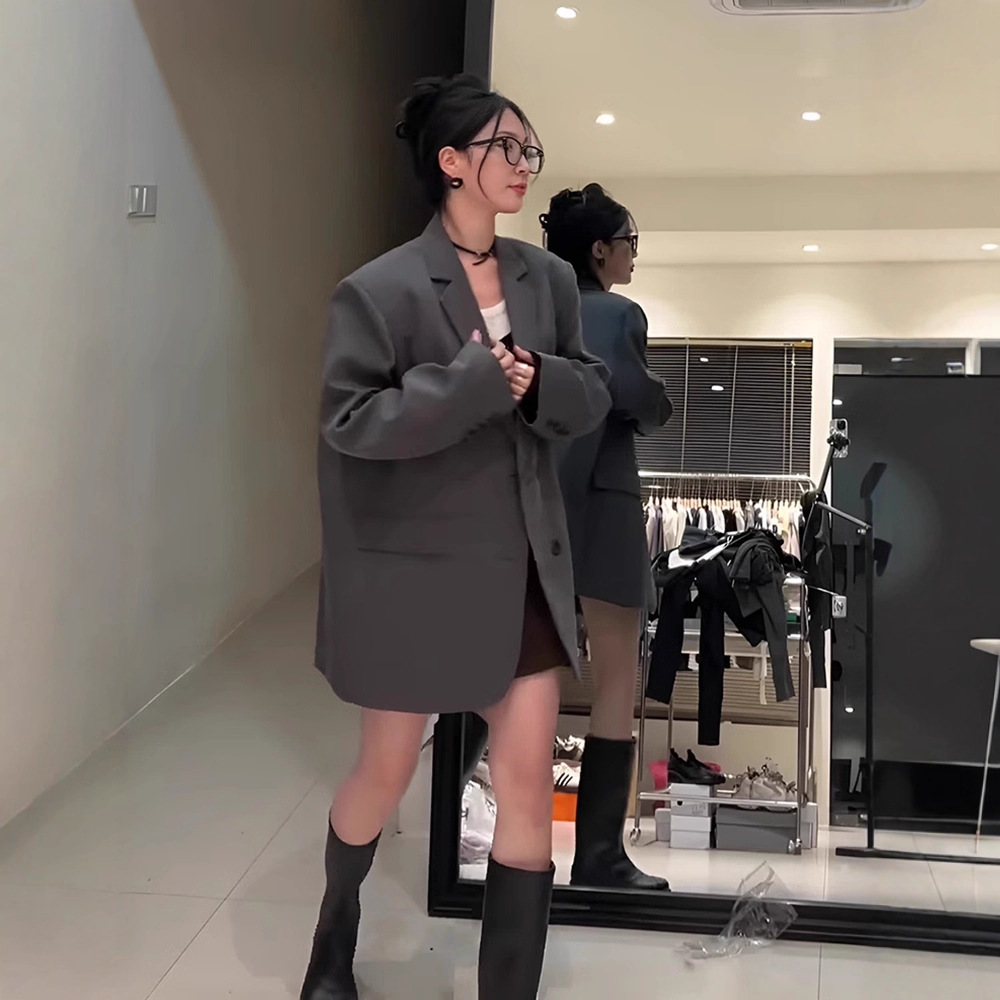 Gray Blazer for Women 2026 Spring and Autumn Season Oversize Loose Shoulder-Padded Casual Suit Versatile