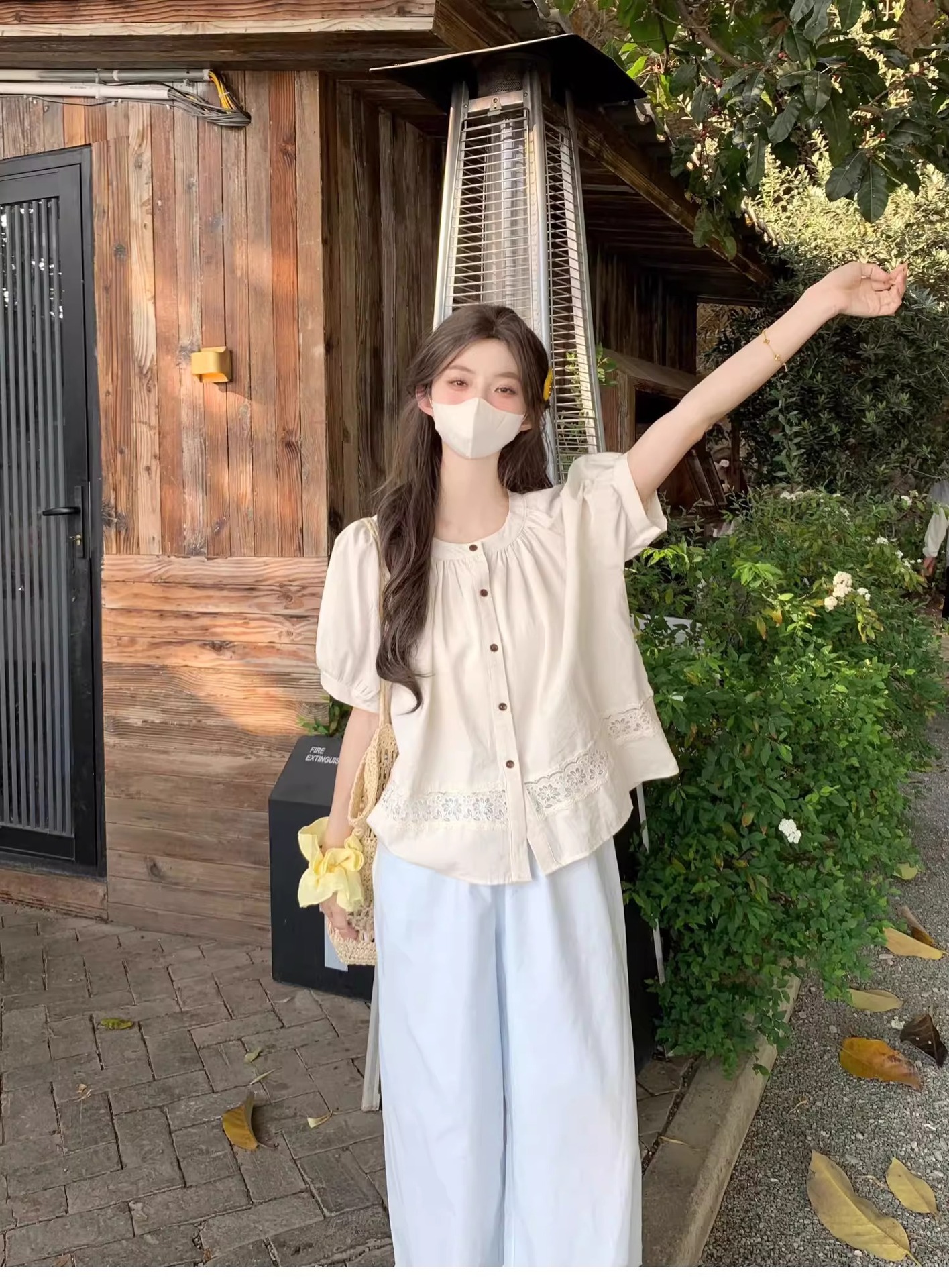Áo sơ mi babydoll tay phồng vải lanh phong cách Pháp dành cho nữ — Màu xanh lam chi tiết 6