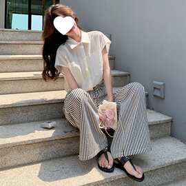 胖特大码300斤两件套装女短袖衬衫条纹阔腿裤子气质时尚松弛感2