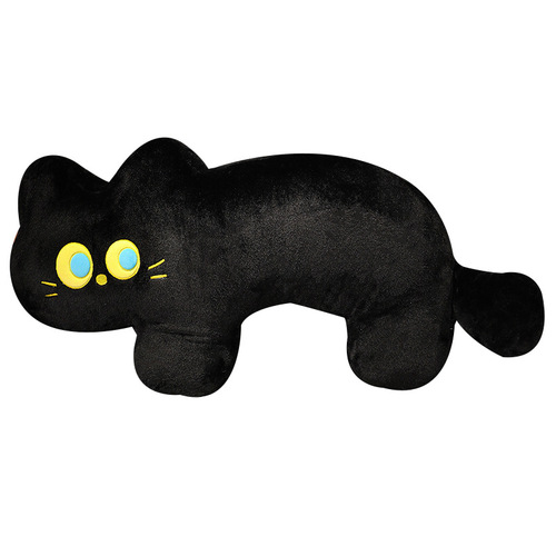 Cute black cat pillow in the bedroom for girls to sleep on and play with their mobile phone on the bed with a long pillow on the backrest and a large cushion sofa