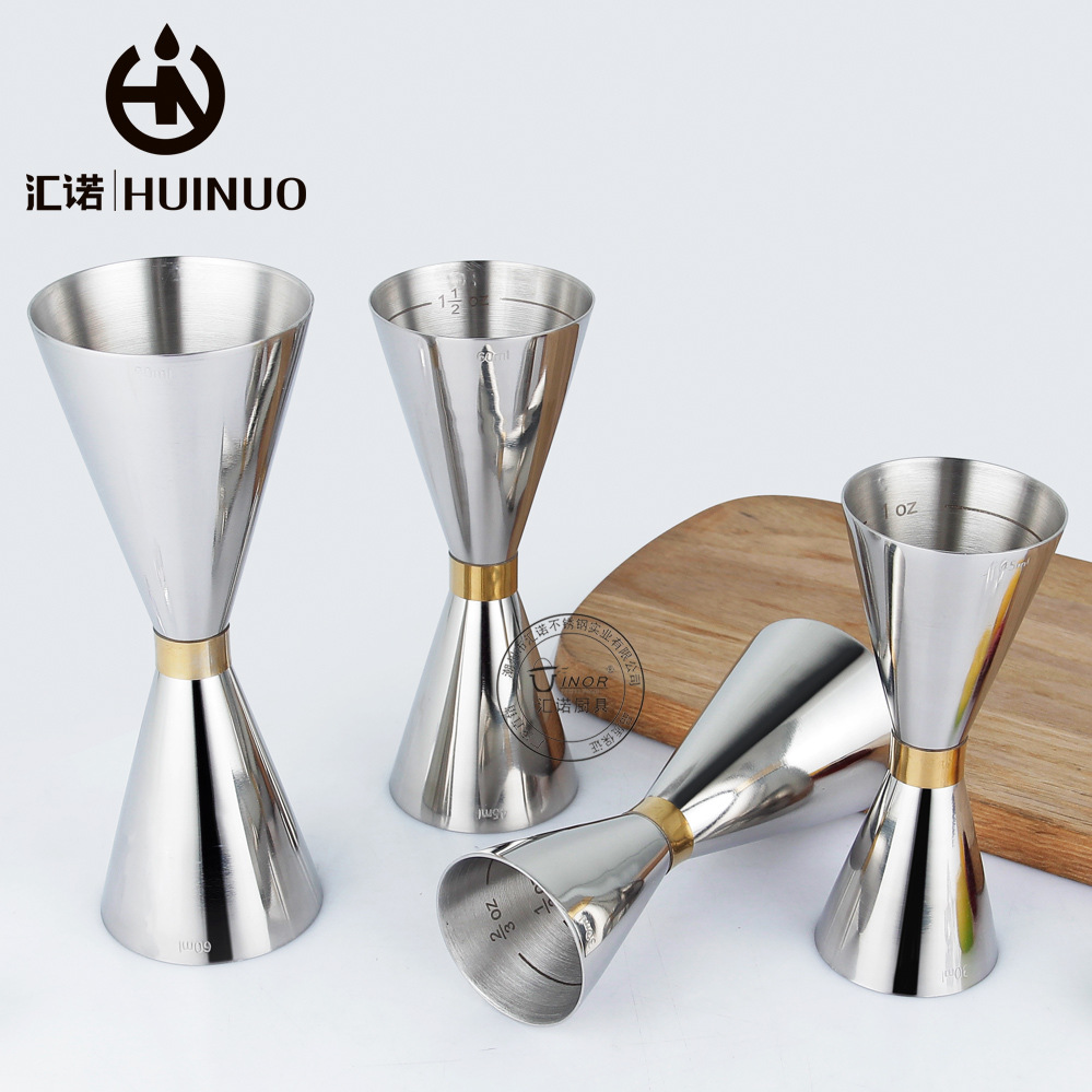 Taza de medición de cóctel de doble cabeza de acero inoxidable 304 con escala anillo de oro dispositivo de medición de vino taza de cintura pequeña