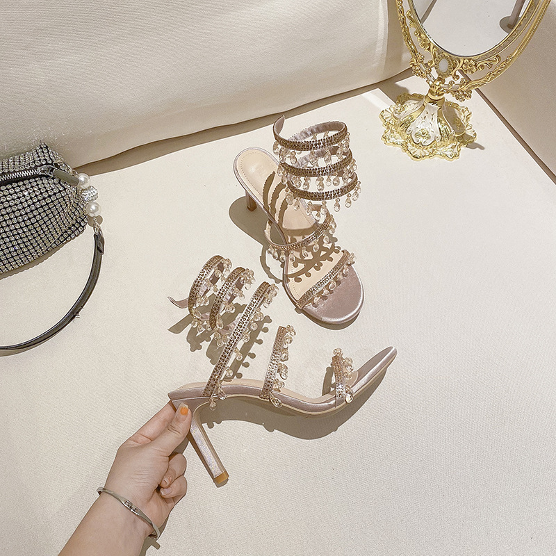 L-108 ciondolo in cristallo intrecciato a forma di serpente con strass, cinturino dritto in stile francese, tacco alto, sandali, versatile_voghion.com