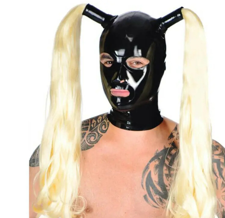 Latex Hat Blonde Wig Golden Braids Rubber Mask Cosplay Club Wear Adult Game
