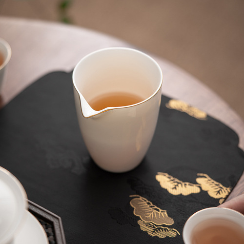 羊脂玉白瓷功夫茶具配件公道杯茶海手绘青花描金过滤组茶道分茶器