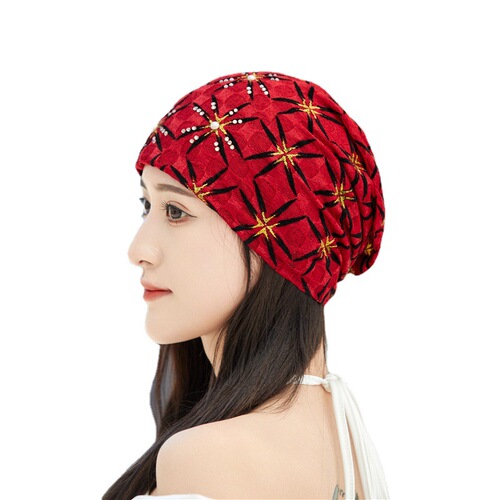 Four Seasons Embroidered Diamond-Hole Women's Breathable Soft Beanie Scarf Hat, Covering White Hair Air Conditioner Hat Thread Hat Mother Hat