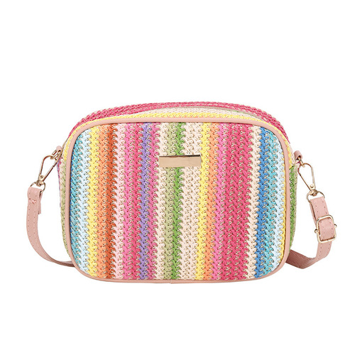 Cross-border export woven bag women's bag vertical pattern rainbow ethnic style grass fabric color camera bag