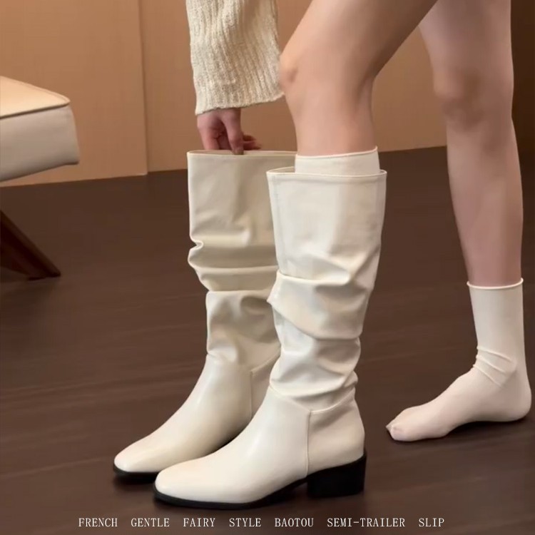 French-Style White Pleated Slouch Boots for Women, British Style Chunky Heel Knee-High Boots, Elegant Over-The-Knee Riding Boots