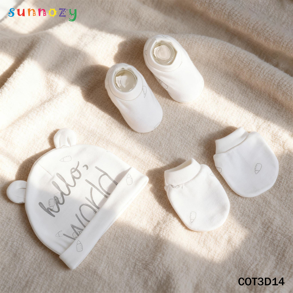 Conjunto de tres piezas de gorros y calcetines de algodón puro para recién nacidos Sunnozy, productos para recién nacidos, guantes, calcetines y gorros para bebés de cuatro estaciones.