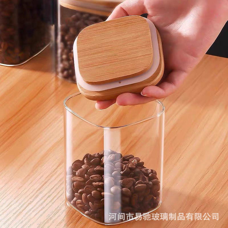 vidrio bambú cubierta sellado tanque de almacenamiento de condimentos de granos gruesos frutas secas té granos de café tanque de almacenamiento sellado a prueba de humedad