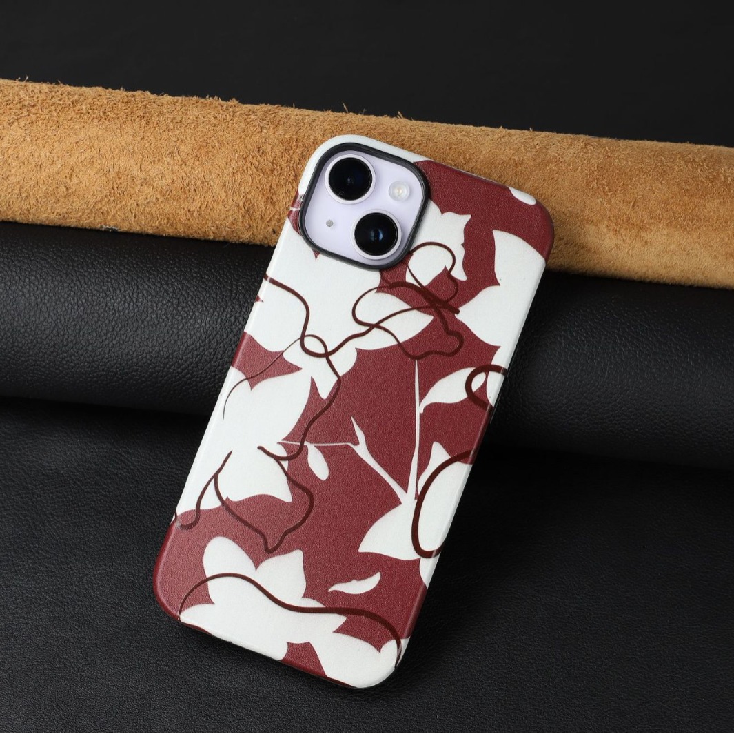 适用磁吸苹果手机壳自然风树叶花朵彩绘苹果15pro max创意混搭压