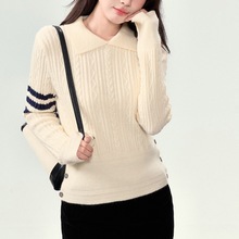 韩系学院风白色翻领麻花套头毛衣女秋冬季修身显瘦长袖针织衫上衣