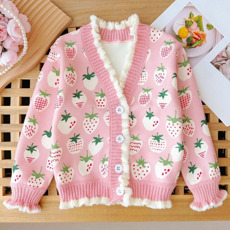 Girls' Cardigan Spring and Autumn Sweater 2025 New Stylish Children's Knit Top with Ruffled Edges Strawberry Cardigan Girls' Cardigan Spring and Autumn Sweater 2025 New Stylish Children's Knit Top with Ruffled Edges Strawberry Cardigan