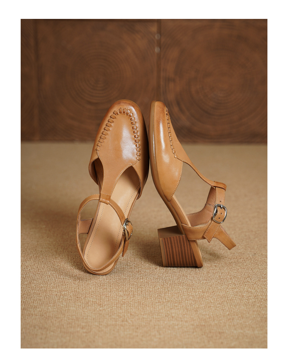 Sandal nữ mũi nhọn quai chữ T da bò gót 5 cm phong cách vintage — Màu hồng chi tiết 17