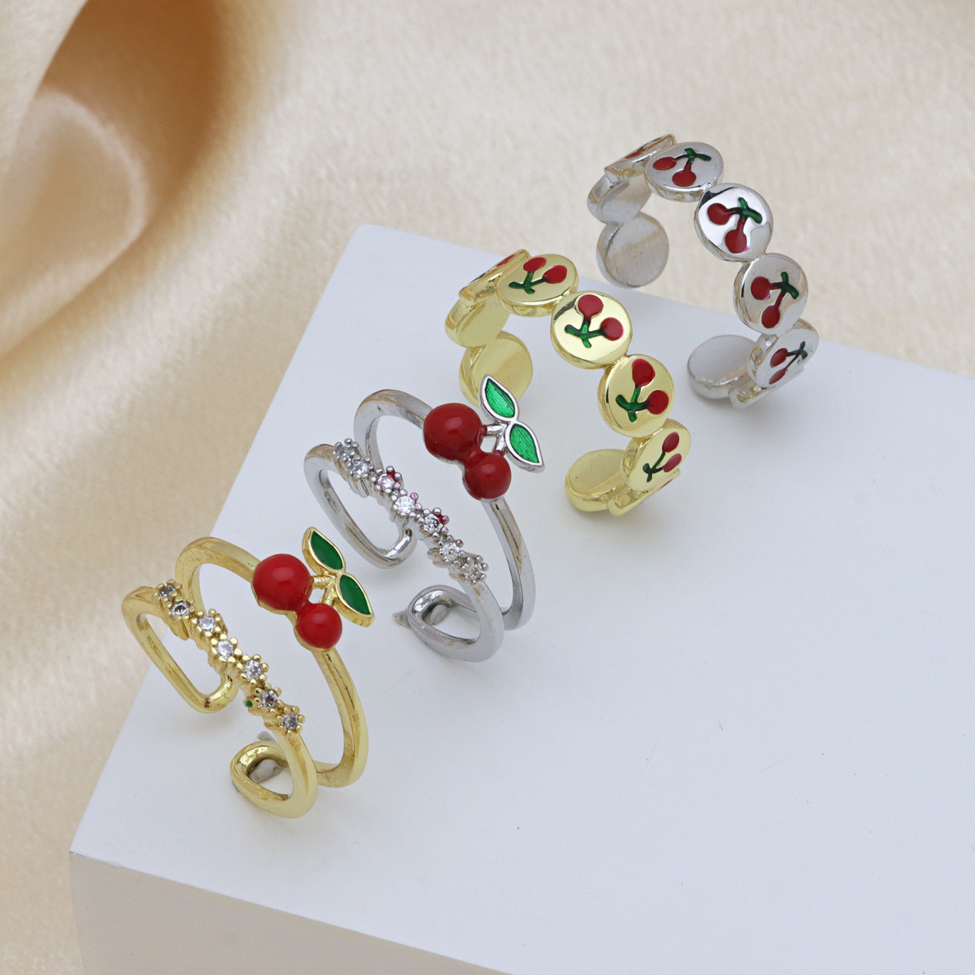 18K Gold Plated Plating Material Wholesale Jewelry Cute Lady Cherry Copper 18K Gold Plated Enamel Open Rings