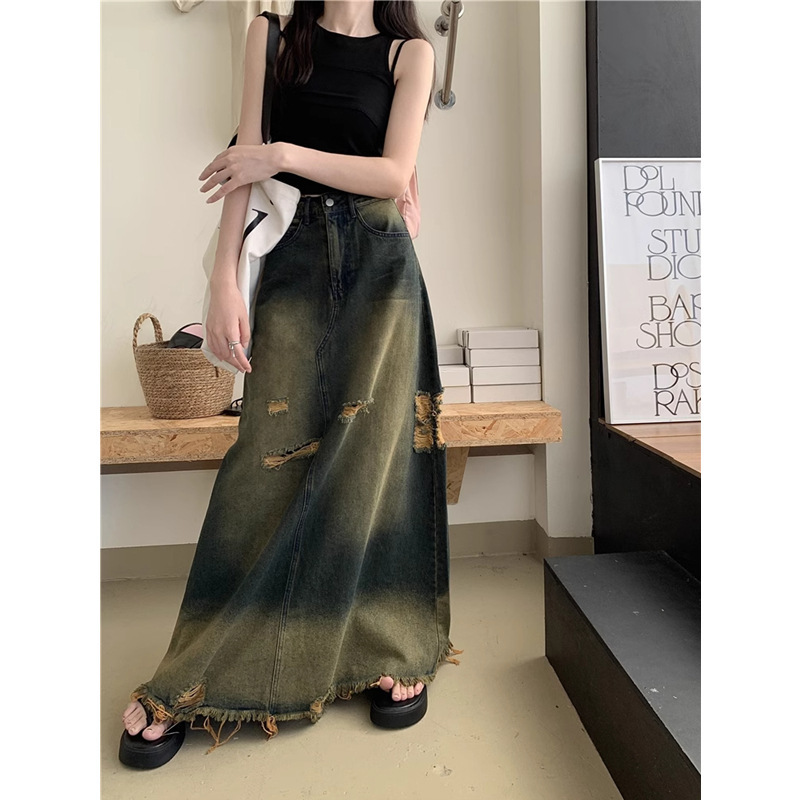 plus size chubby girl Retro Rake Denim Skirt Women's Spring and Autumn New High Waist Slimming A- line Skirt Long Skirt