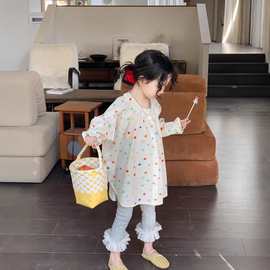 2025新款女童衬衣宝宝春季洋气可爱彩色波点长袖衬衫花边打底裤