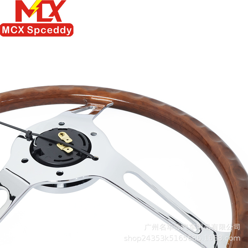 Cross-border modification 15inch peach wood color retro steering wheel 380mm universal concave electroplated bracket with a hole spacing of 70mm