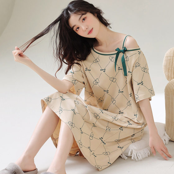 Nightdress Women's Summer Pure Cotton Net Red Style 2023 New Short-sleeved Summer Bow Shoulder Pajamas Women's Home Clothes