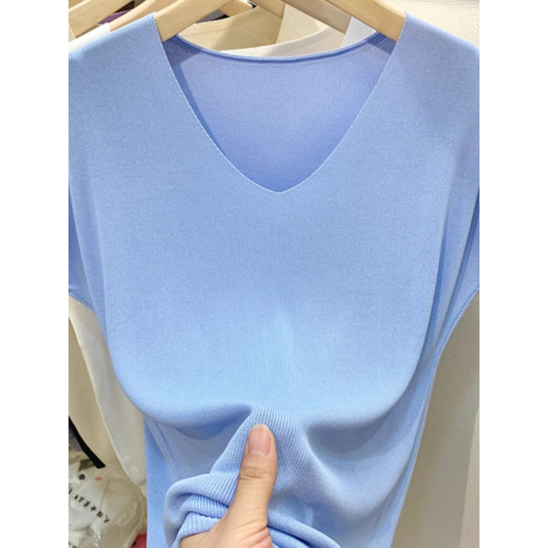 Summer Thin Solid Color V-Neck Knit Top for Women, Stylish, Comfortable, Lightweight, Casual Ice Silk Short-Sleeve T-Shirt