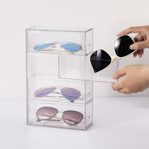 Glasses case can be stacked with four layers, desktop glasses and sunglasses display box, storage rack, dust-proof stationery drawer-type storage box