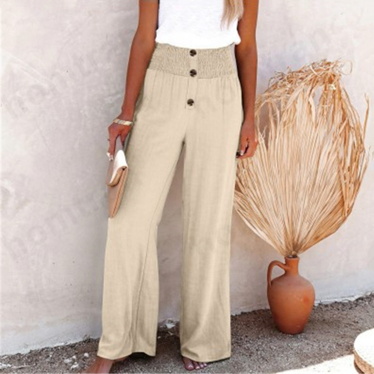 European and American Spring and Summer New Cross-border Women's Pants Solid Color Cotton and Linen Loose Loose Button Casual Wide Leg Women