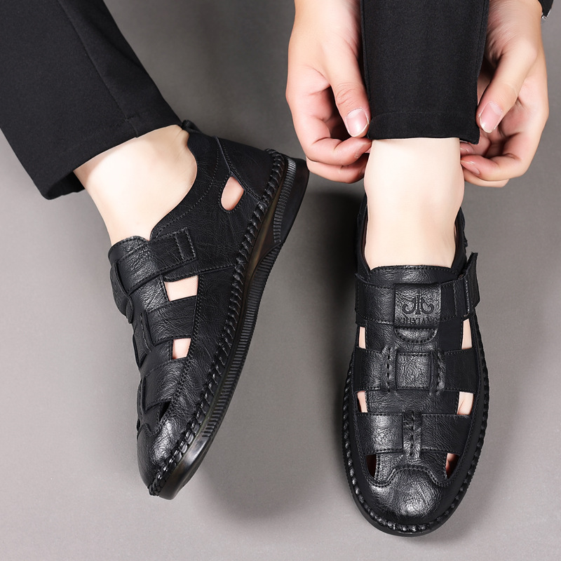 Herren Leder Sandalen Mit Klettverschluss Für Den Sommer_voghion.com