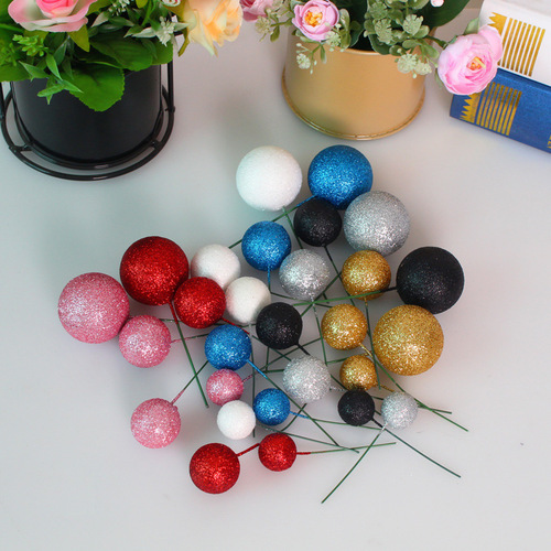 New Christmas red fruit colored glitter foam balls for baking birthday cake decoration floral props plug-in balls