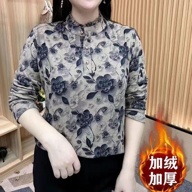 New 2024 style printed fleece-lined thickened long-sleeve T-shirt for mothers, with ruffled collar, slimming and stylish, suitable for outerwear