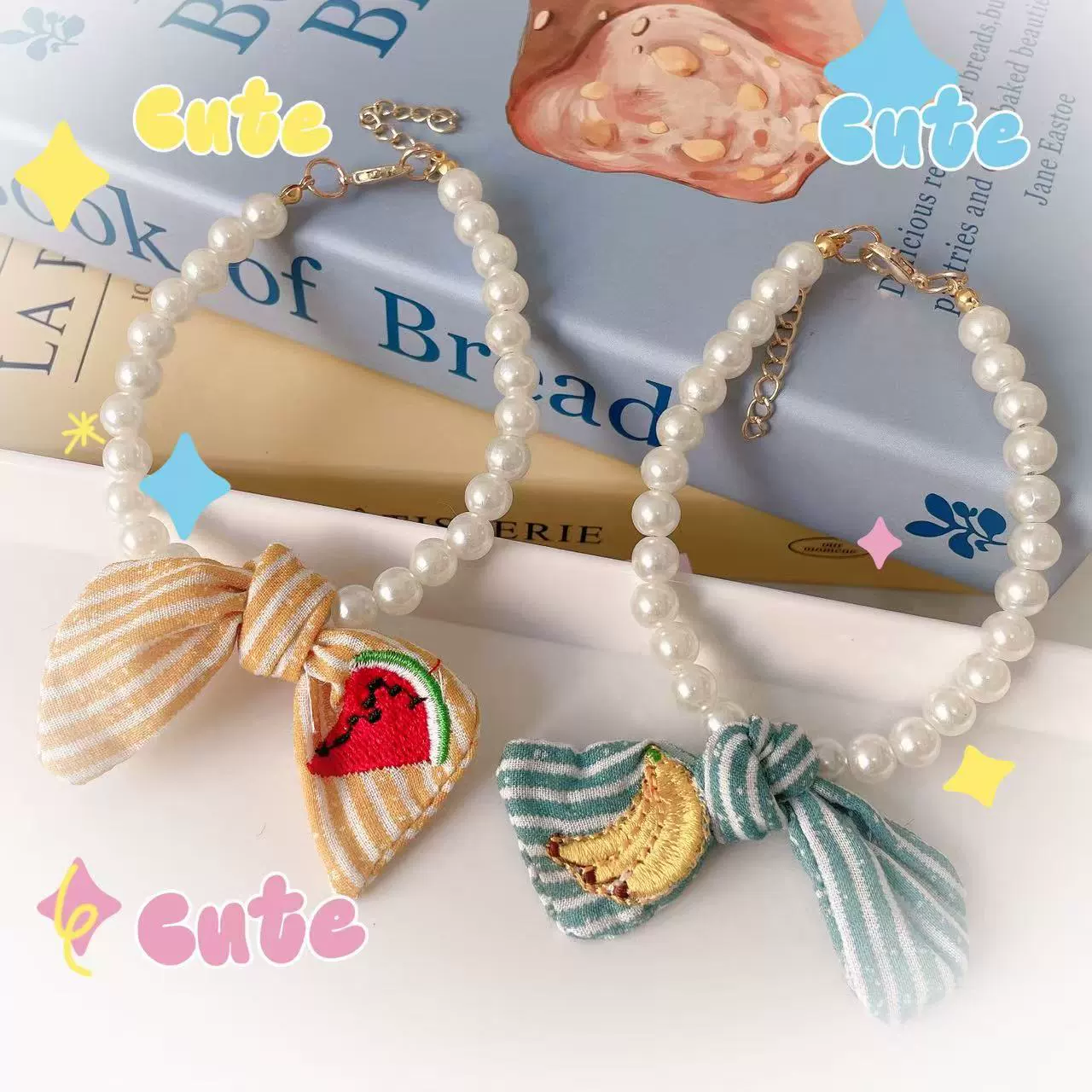 Амазонка трансграничный питомец мультфильм вышивка ткани бант ожерелье кошка собака темперамент милая имитация жемчужная цепочка