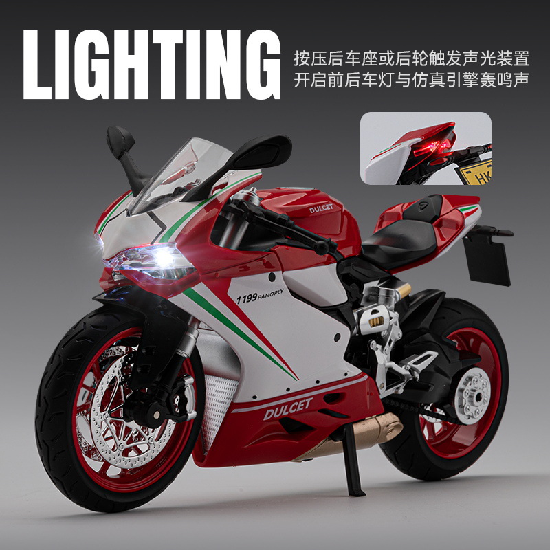 Modelo de motocicleta Ducati 1199 a escala 1:9, un coleccionable de primera categoría en la cultura de las motocicletas, con sonido y luces.