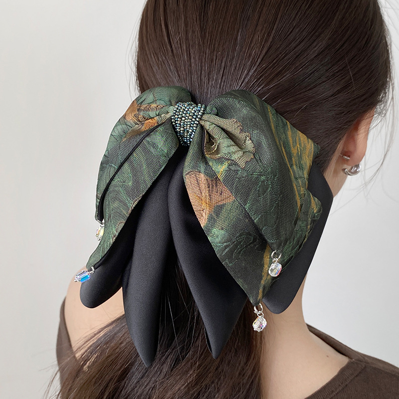 Korean Style Satin Snow Gauze Polka Dot Bow Clip Retro Pearl Pendant Elegant Shark Clip Hairpin for Women on the Back of the Head